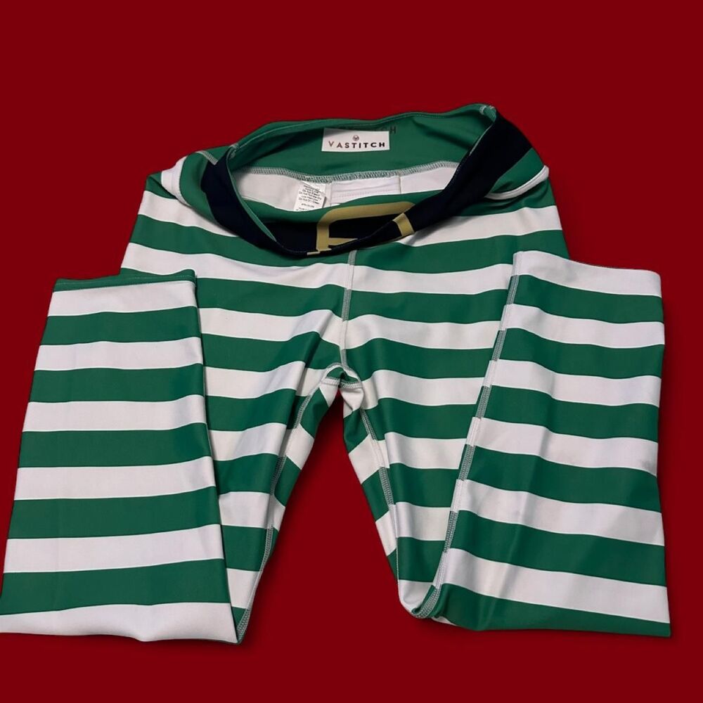 VASTITCH Elf Green White Striped High Waisted Leggings Athletic Yoga Sz L